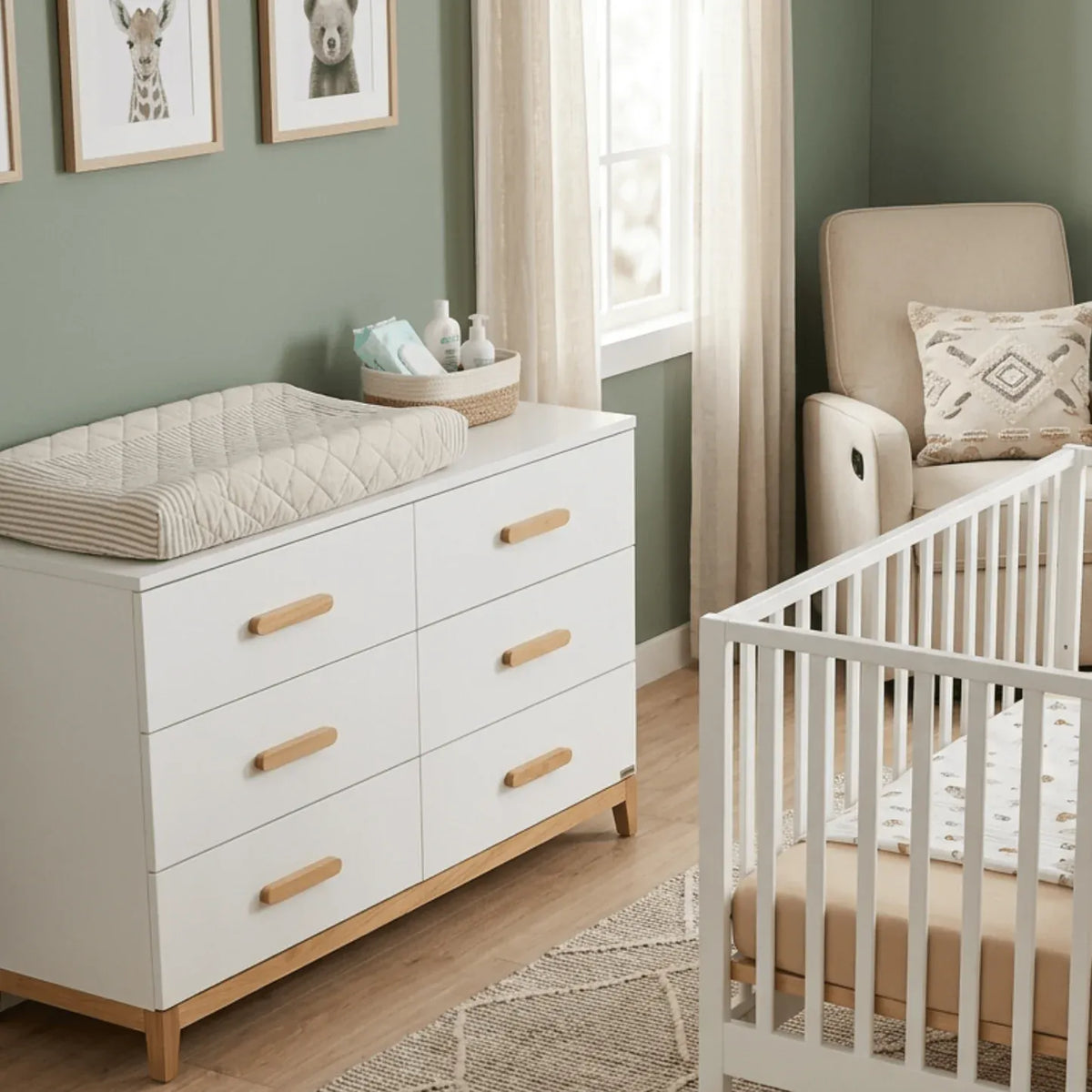 Dadada white six drawer dresser with wooden handles and changing pad in nursery