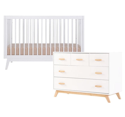 dadada Soho 3-in-1 Convertible Crib + 5-Drawer Dresser Bundle - White / White / Natural - 10401-DA-41231-DA