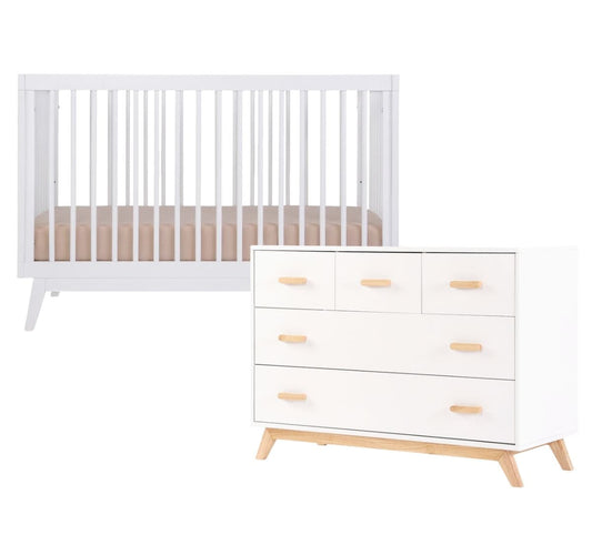 dadada Soho 3-in-1 Convertible Crib + 5-Drawer Dresser Bundle - White / White / Natural - 10401-DA-41231-DA