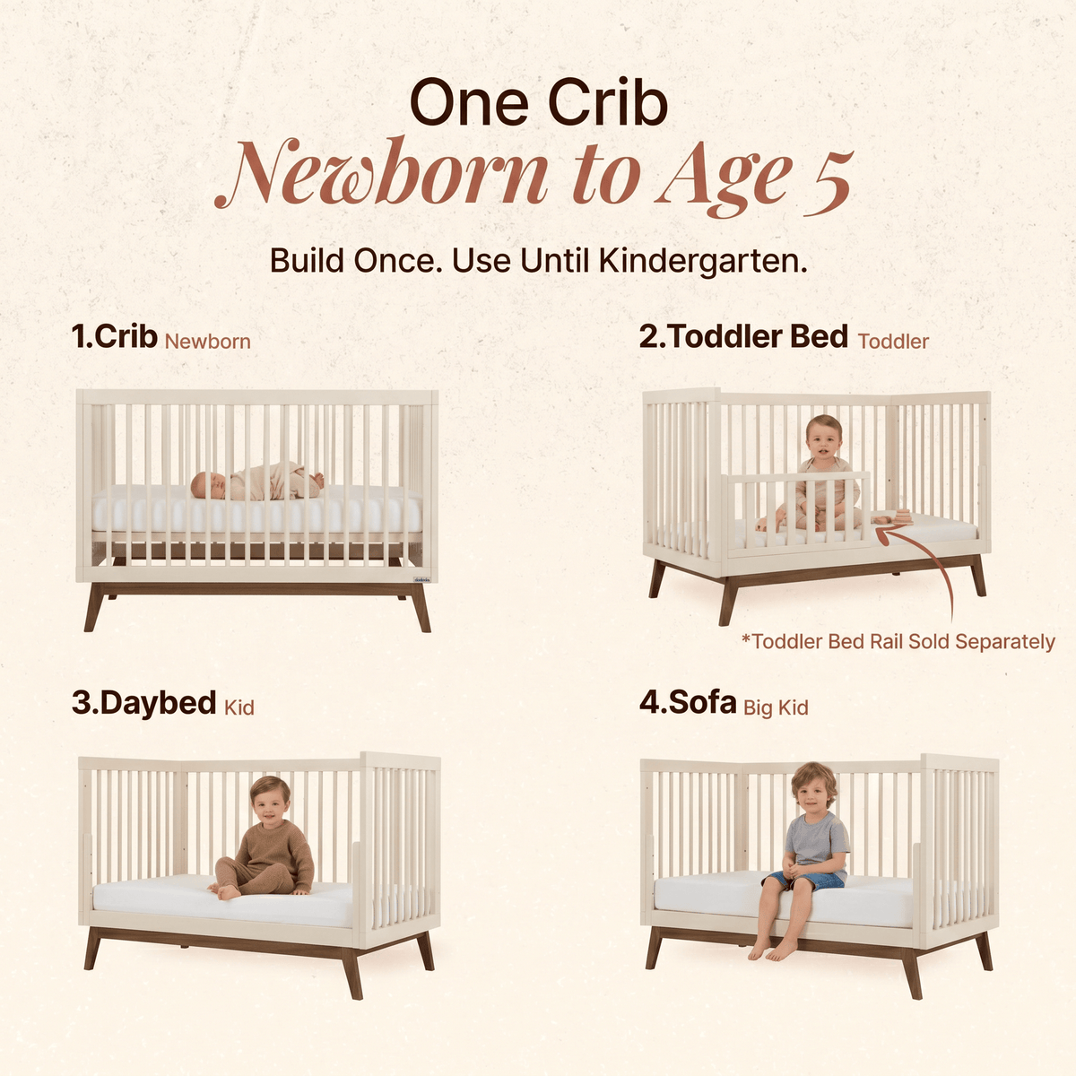 Dadada crib showing four conversion stages from newborn crib to toddler bed daybed and sofa