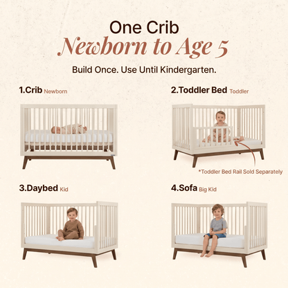 Dadada crib showing four conversion stages from newborn crib to toddler bed daybed and sofa