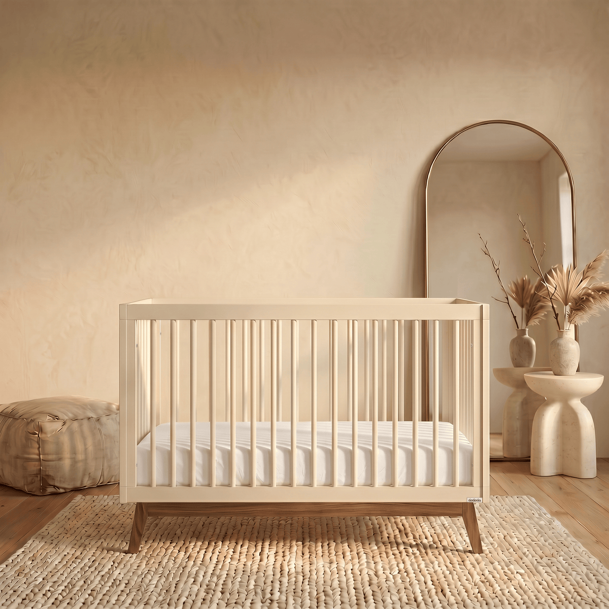 Dadada crib with light wooden frame and white mattress on a textured rug in a neutral room