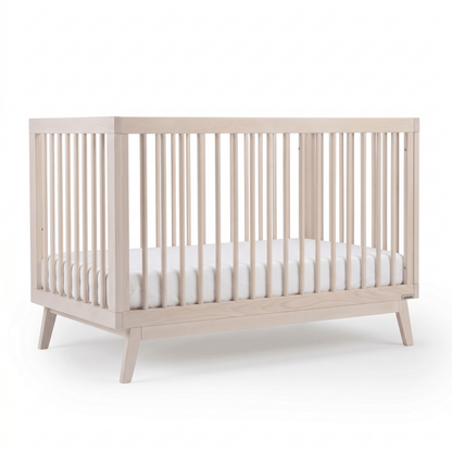 Dadada natural wood crib with slatted sides and white mattress