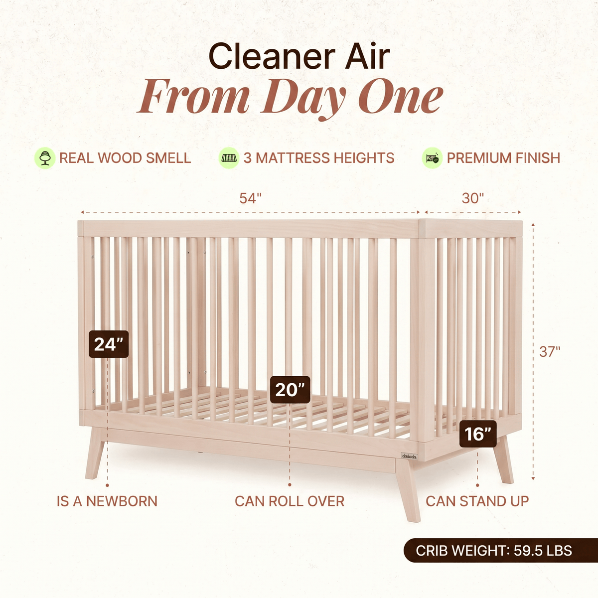 Dadada wooden crib with dimensions and three adjustable mattress height settings labeled for developmental stages
