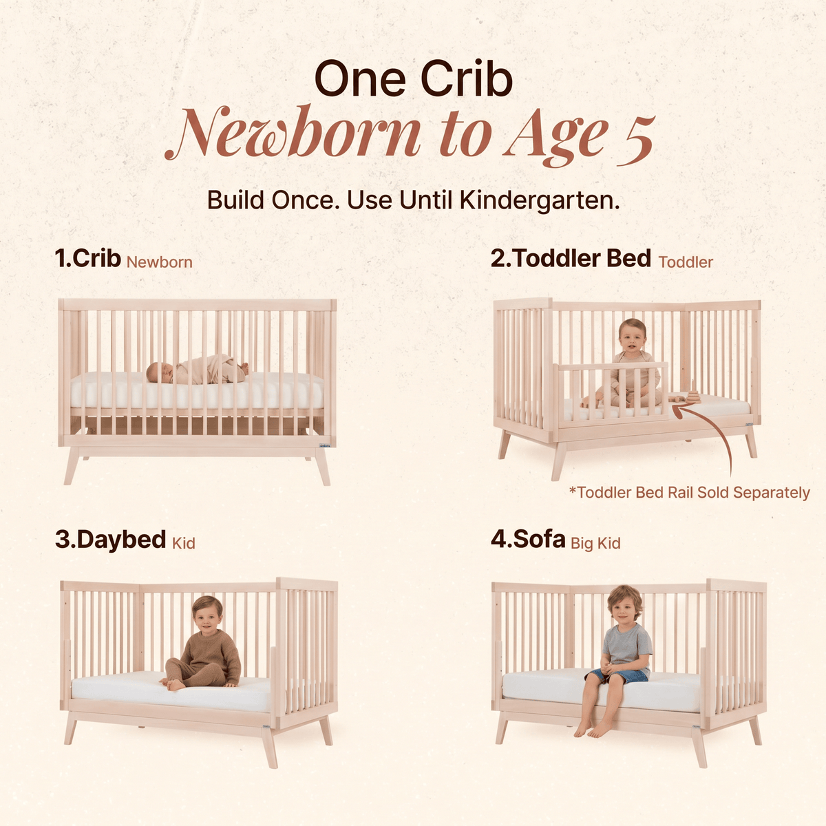 Dadada convertible crib showing four stages from newborn crib to toddler bed daybed and sofa