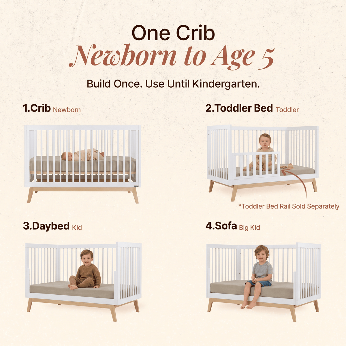Dadada convertible crib showing four stages from newborn crib to toddler bed daybed and sofa