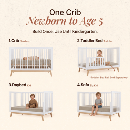 Dadada convertible crib showing four stages from newborn crib to toddler bed daybed and sofa