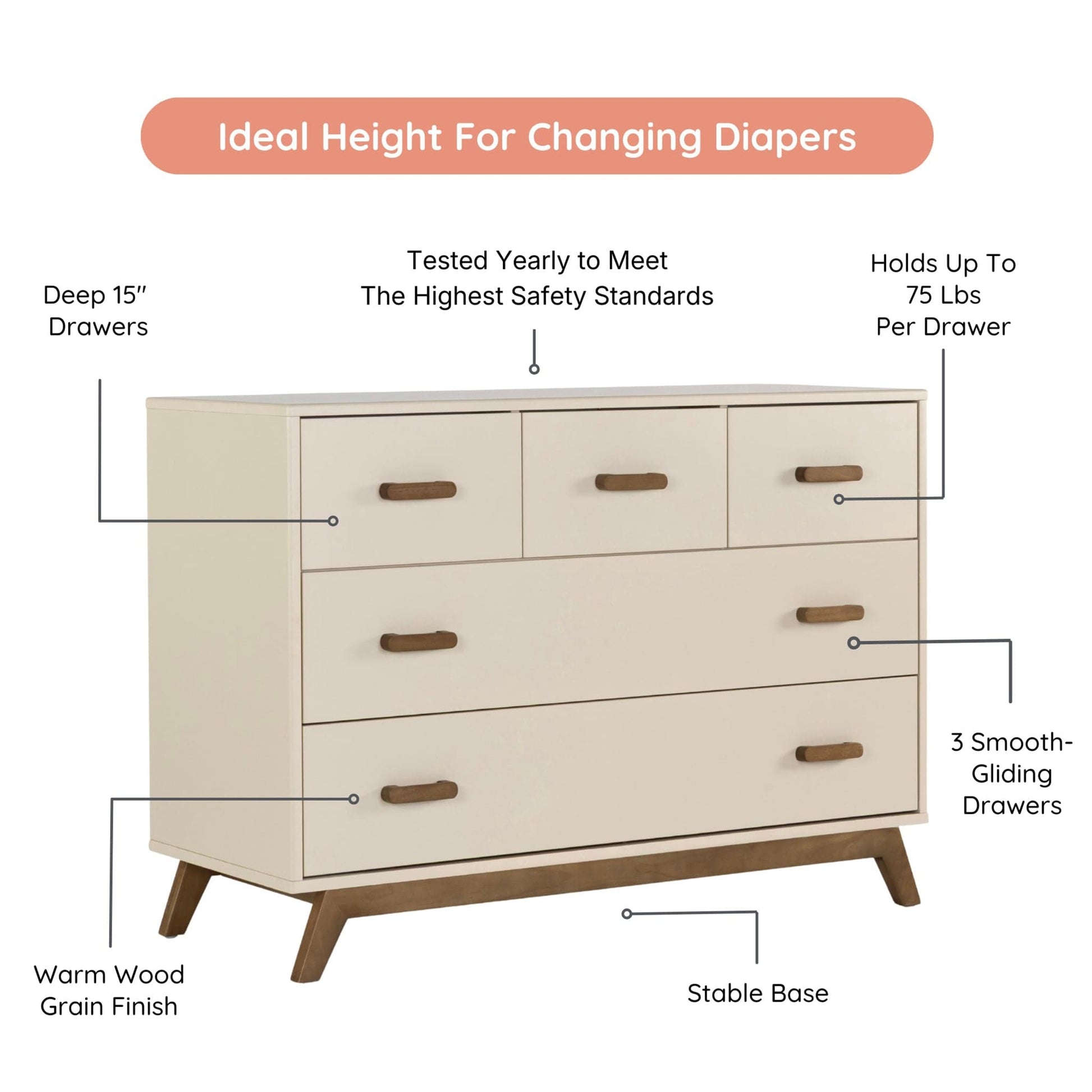 dadada Soho 5-Drawer Dresser - Almond Milk / Walnut (2 boxes) - 412282-DA