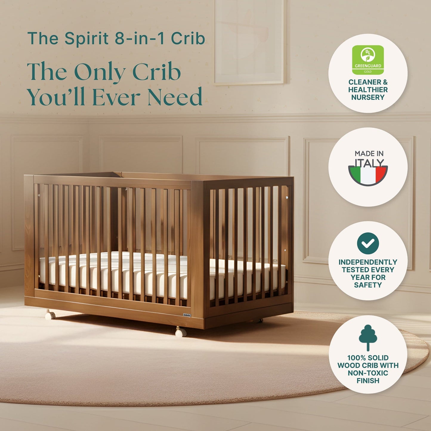 dadada Spirit 8-in-1 Convertible Crib - Walnut (with wheels) - 16008-DA