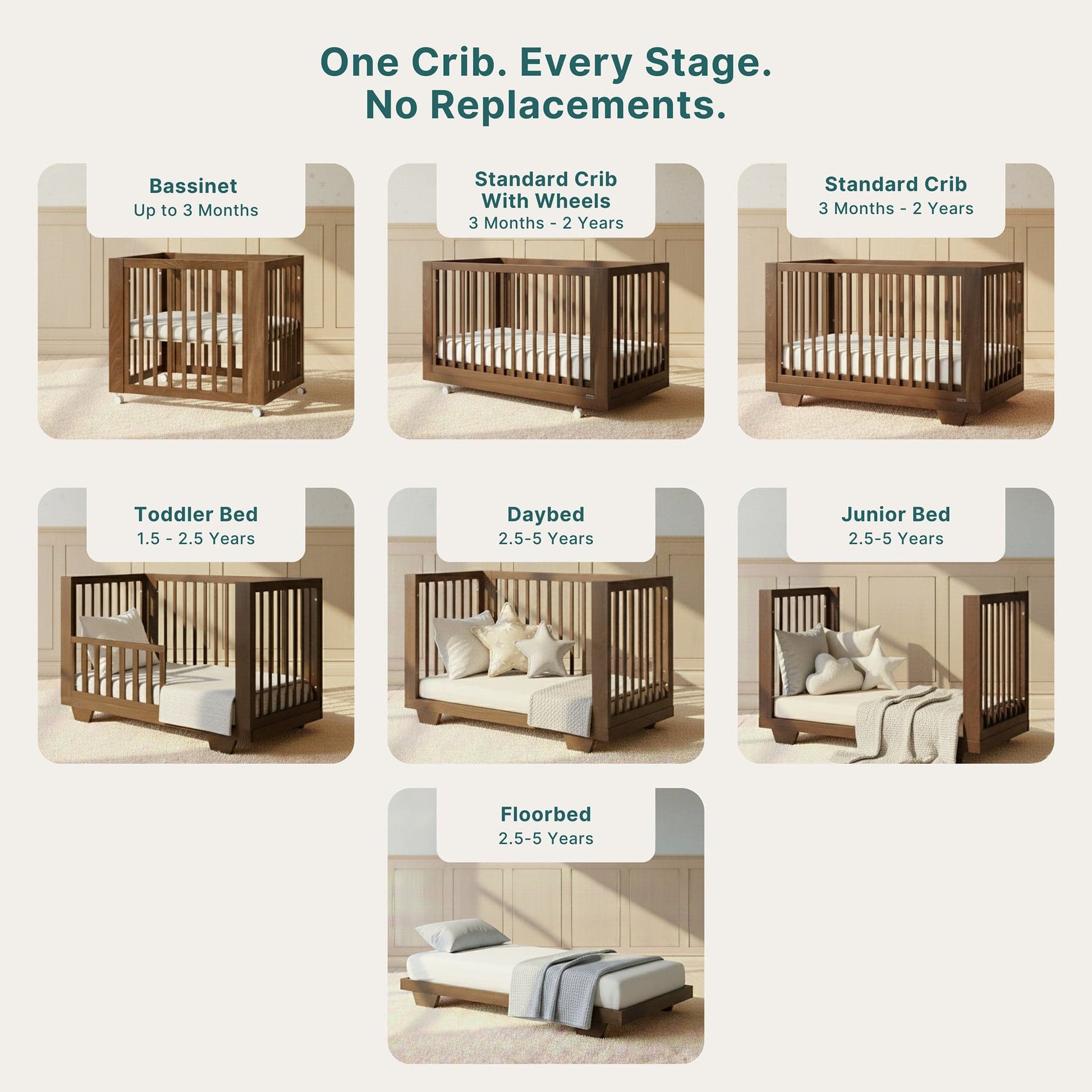 dadada Spirit 8-in-1 Convertible Crib - Walnut (with wheels) - 16008-DA