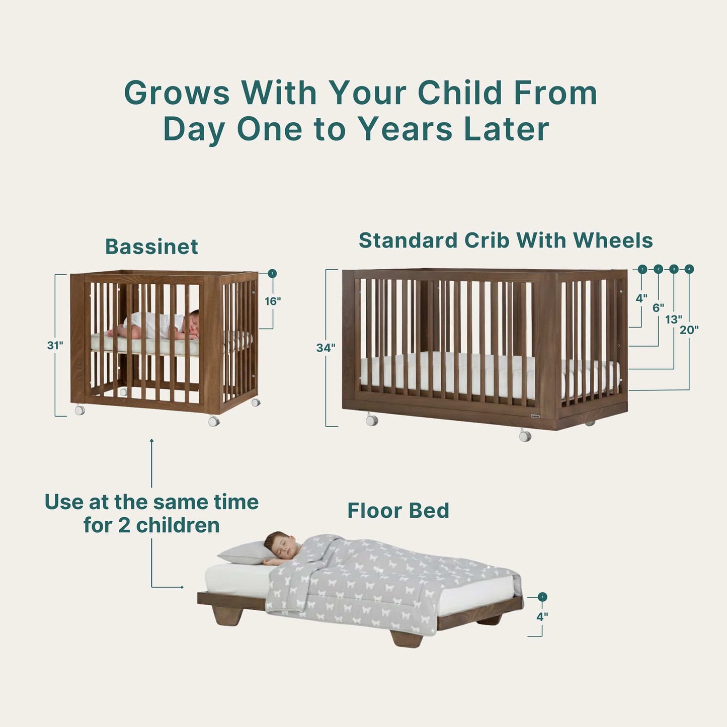 dadada Spirit 8-in-1 Convertible Crib - Walnut (with wheels) - 16008-DA