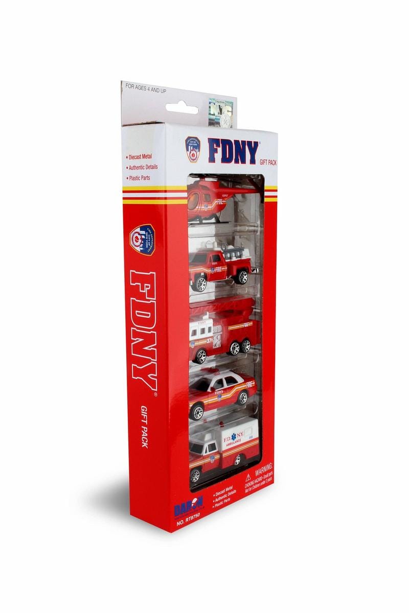 Daron FDNY diecast metal vehicle gift pack containing a helicopter fire truck ladder truck car and ambulance