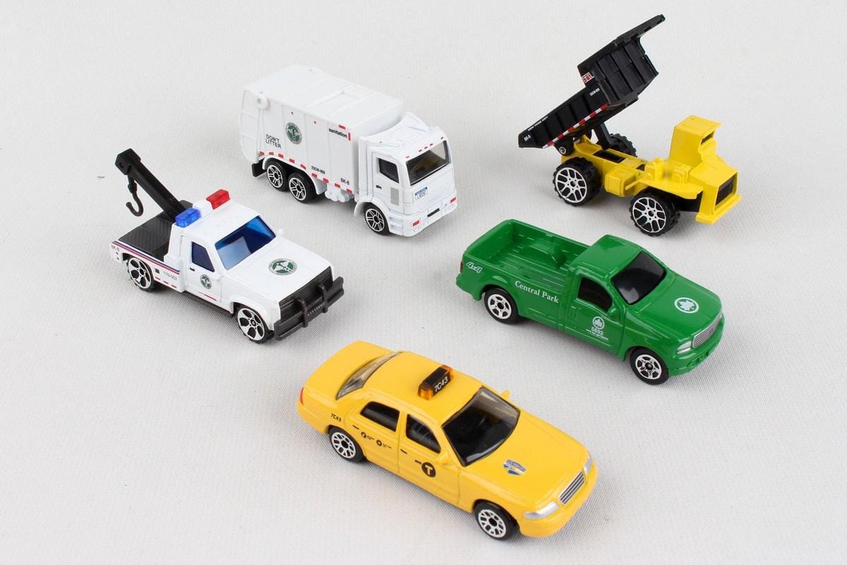 Daron toy vehicle set including a sanitation truck, dump truck, tow truck, pickup truck, and yellow taxi