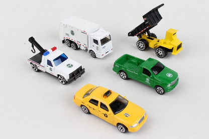 Daron toy vehicle set including a sanitation truck, dump truck, tow truck, pickup truck, and yellow taxi
