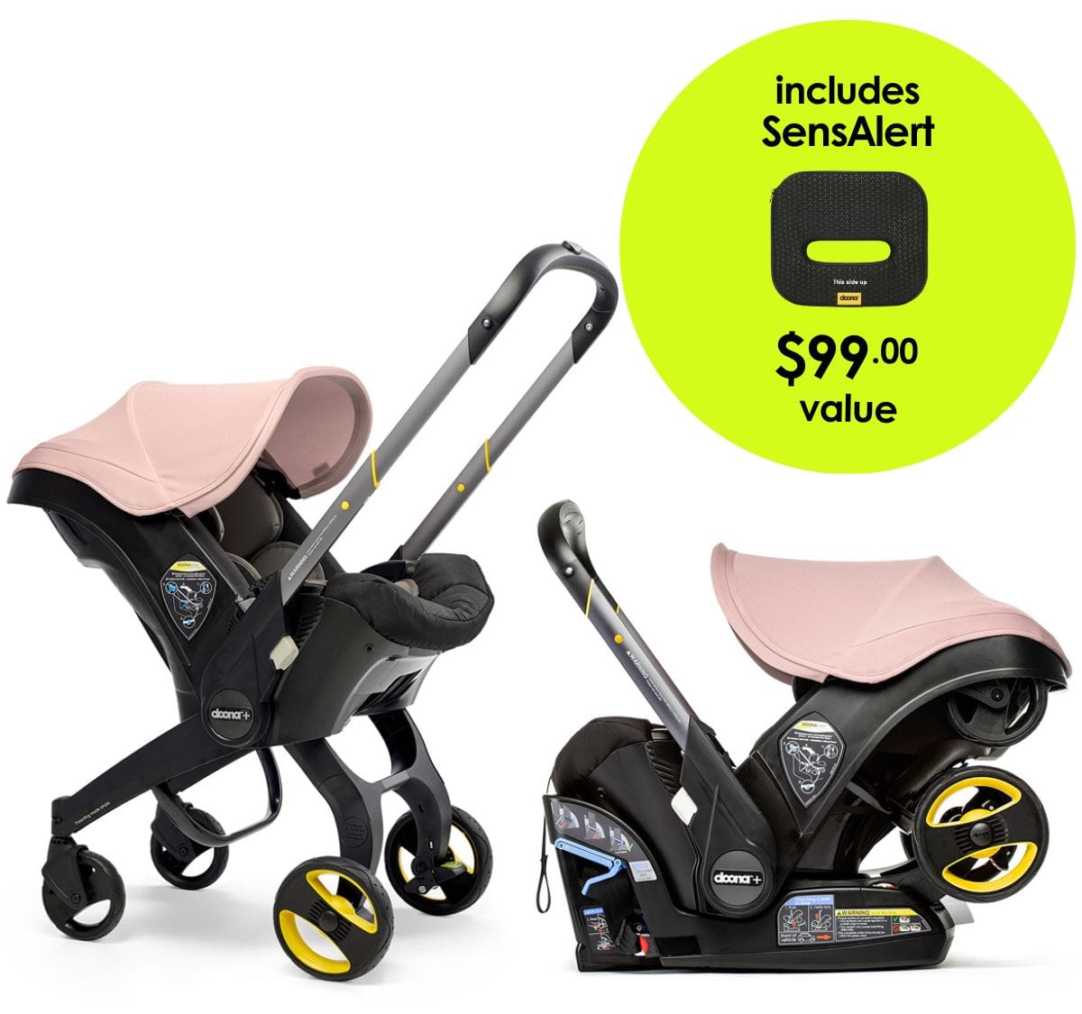 Doona+ Infant Car Seat & Stroller + SensAlert Pad Bundle - Blush Pink - SP101-10-035-003-SP198-99-001-099