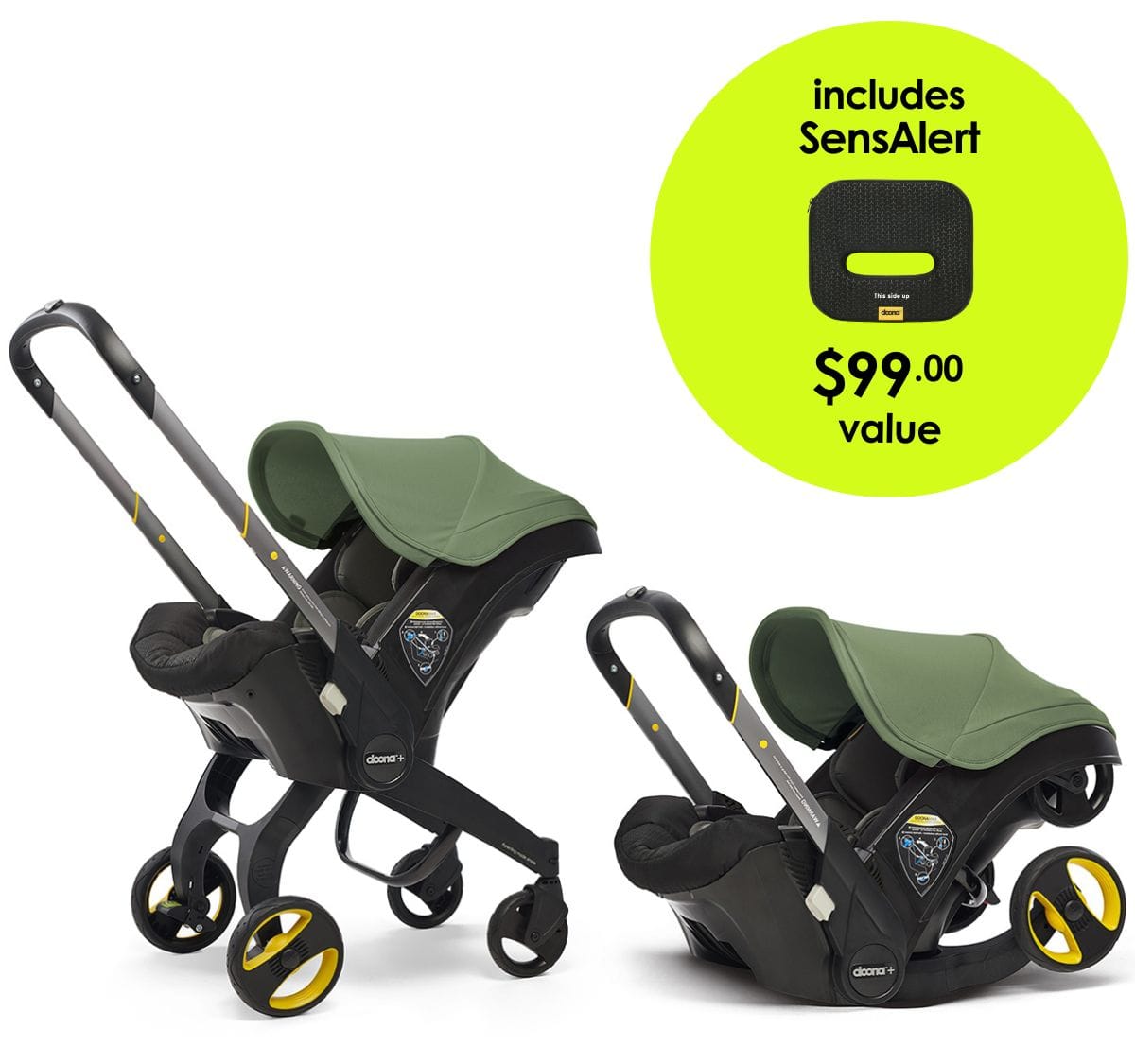 Doona+ Infant Car Seat & Stroller + SensAlert Pad Bundle - Desert Green - SP101-10-042-003-SP198-99-001-099