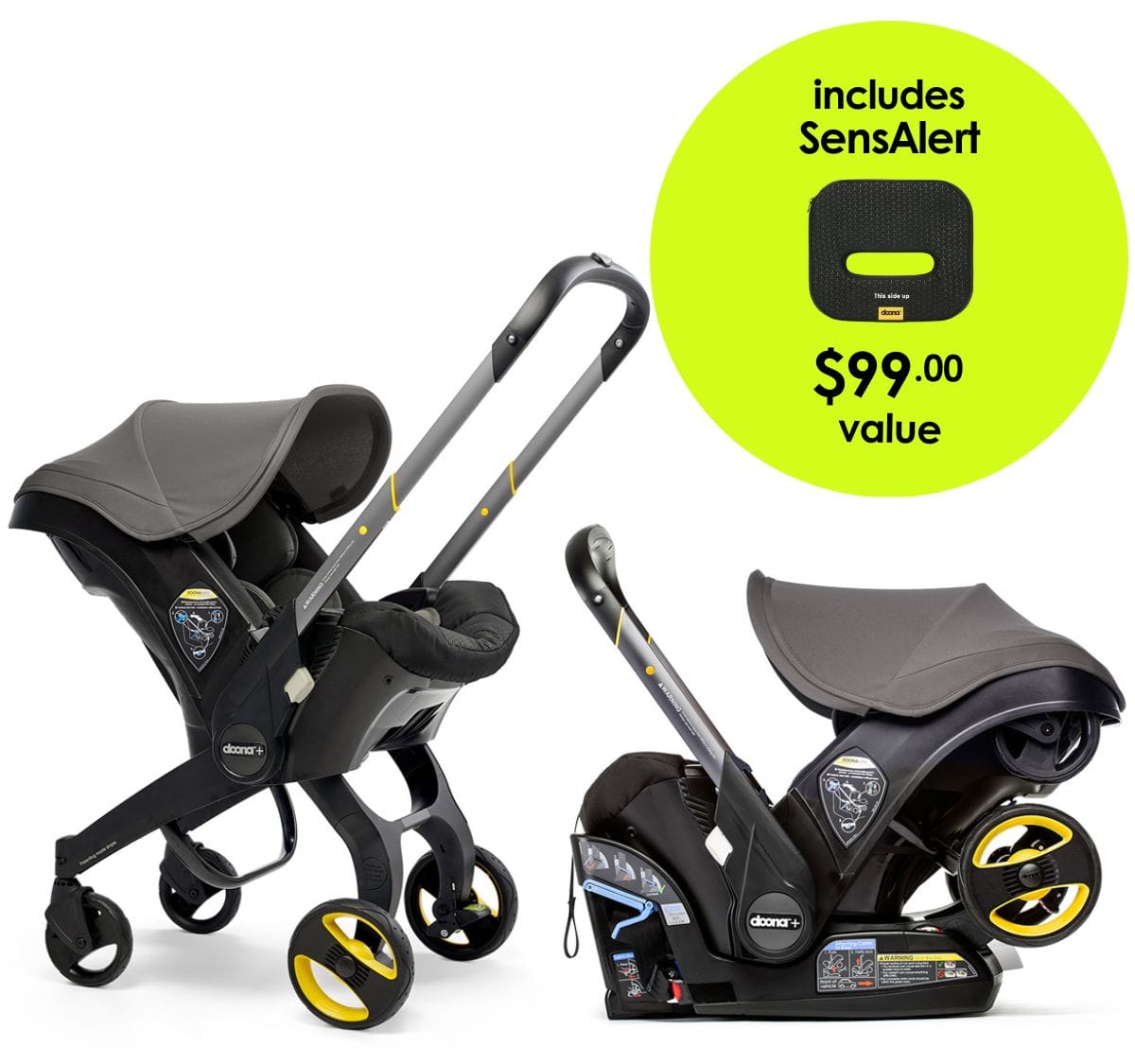 Doona+ Infant Car Seat & Stroller + SensAlert Pad Bundle - Grey Hound - SP101-10-030-003-SP198-99-001-099