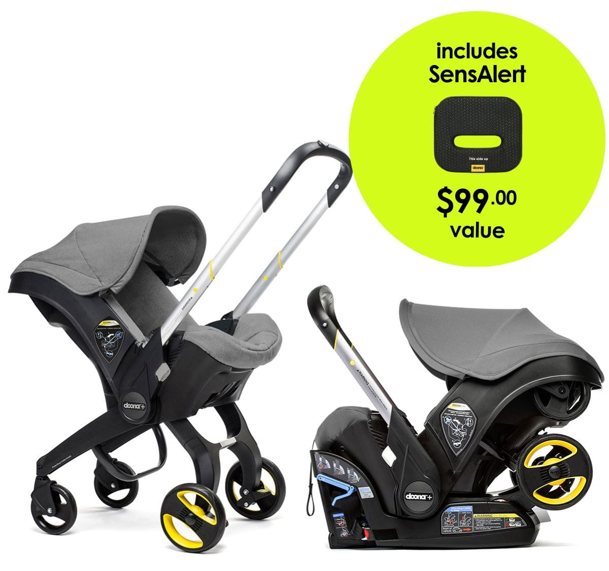 Doona+ Infant Car Seat & Stroller + SensAlert Pad Bundle - Storm (Grey) - SP101-10-006-003-SP198-99-001-099