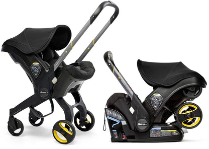 Doona+ Infant Car Seat & Stroller with Handlebar Cover Bundle - Nitro Black / Brown Leather - SP101-10-033-003-SP147-10-025-003