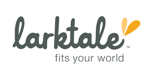 Logo for Larktale, a brand name in dark gray script, with "fits your world" underneath in smaller, lighter gray letters. An orange heart shape is on the right.
