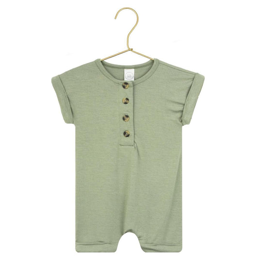 Sage green Lou Lou short sleeve romper with button front detail on a gold hanger