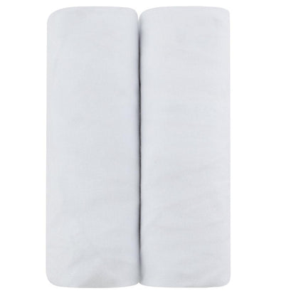 Two folded white Ely's and Co jersey knit crib sheets