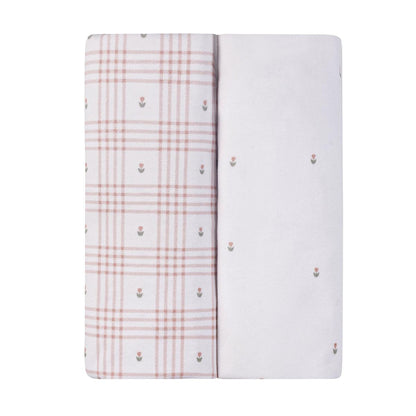 Ely's & Co two pack of baby crib sheets with pink plaid and floral patterns