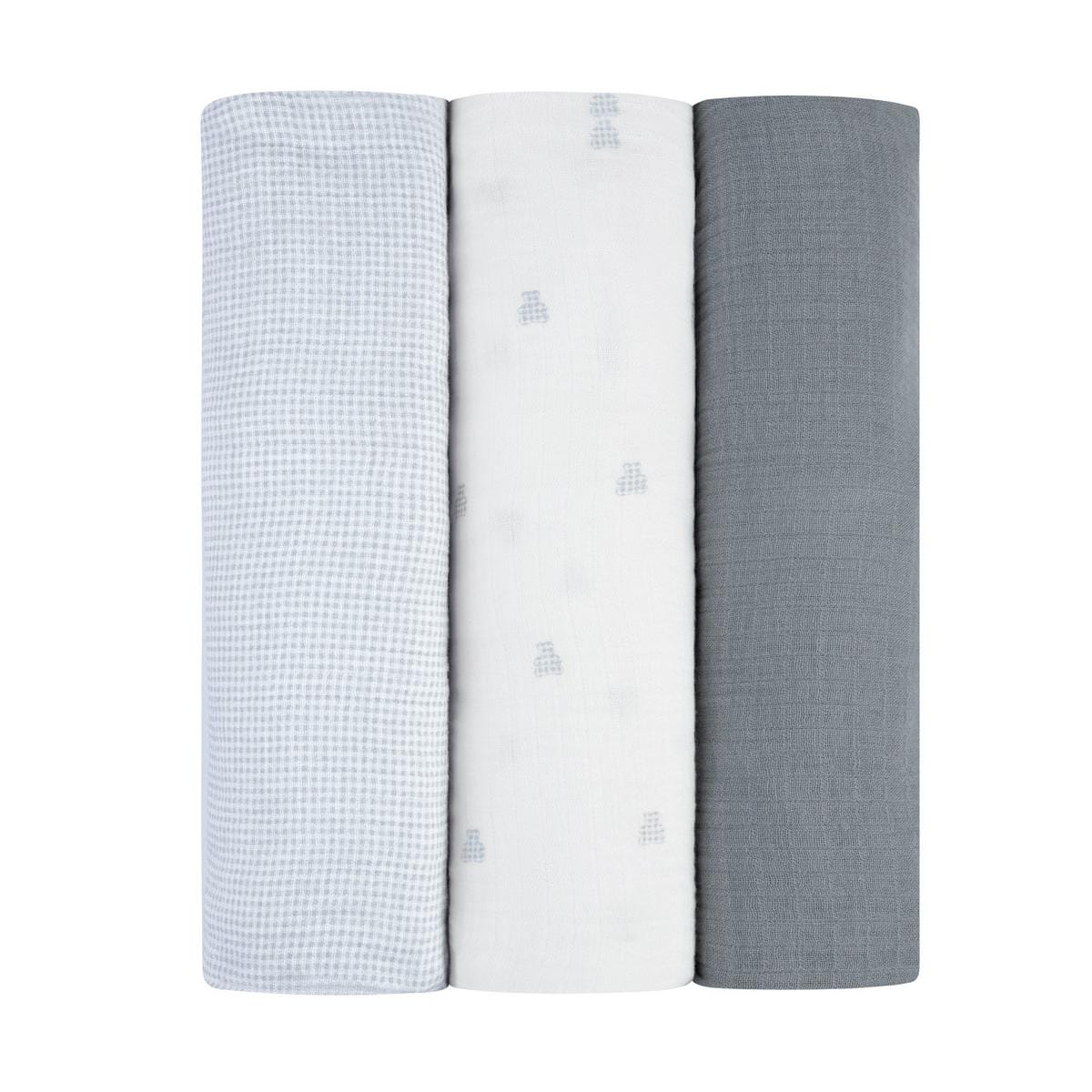 Ely's & Co set of three grey and white muslin swaddle blankets with bear and checkered patterns