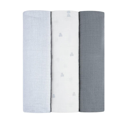 Ely's & Co set of three grey and white muslin swaddle blankets with bear and checkered patterns