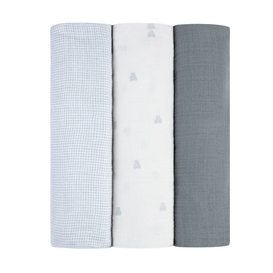 Ely's & Co. 3 Pack Muslin Swaddles - Gingham Bear Collection - Blue