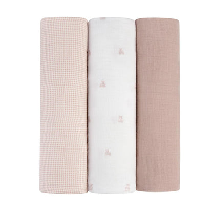 Three rolled Ely's & Co muslin swaddle blankets in pink gingham white with bear print and solid dusty rose