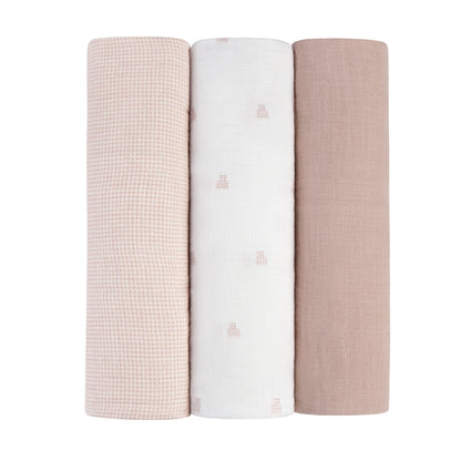 Ely's & Co. 3 Pack Muslin Swaddles - Gingham Bear Collection - Pink