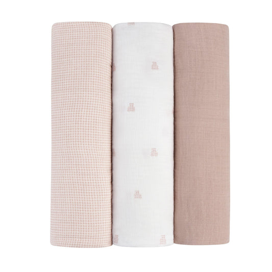 Ely's & Co. 3 Pack Muslin Swaddles - Gingham Bear Collection - Pink