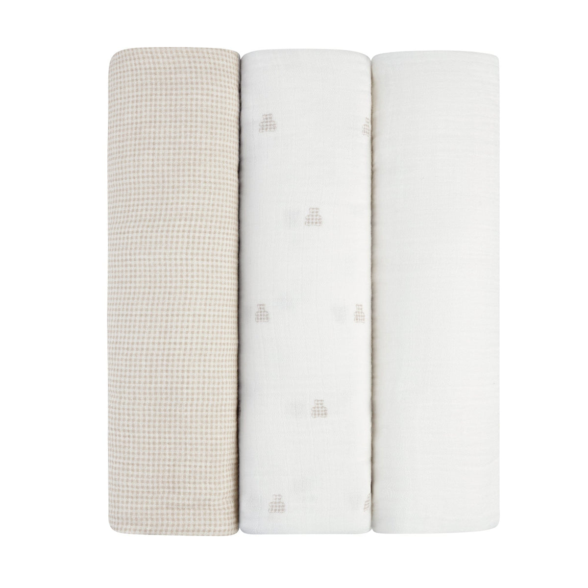 Ely's & Co. 3 Pack Muslin Swaddles - Gingham Bear Collection - Tan
