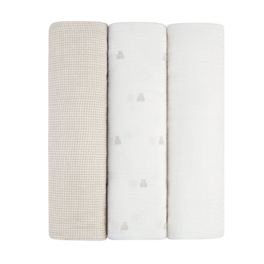 Ely's & Co. 3 Pack Muslin Swaddles - Gingham Bear Collection - Tan