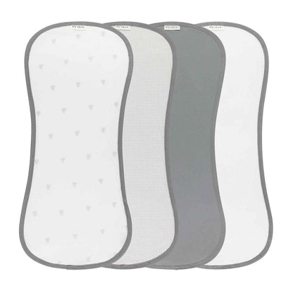 Four Ely's & Co contoured burp cloths in white and grey patterns