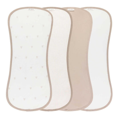 Four Ely's and Co burp cloths in assorted neutral patterns and solid beige