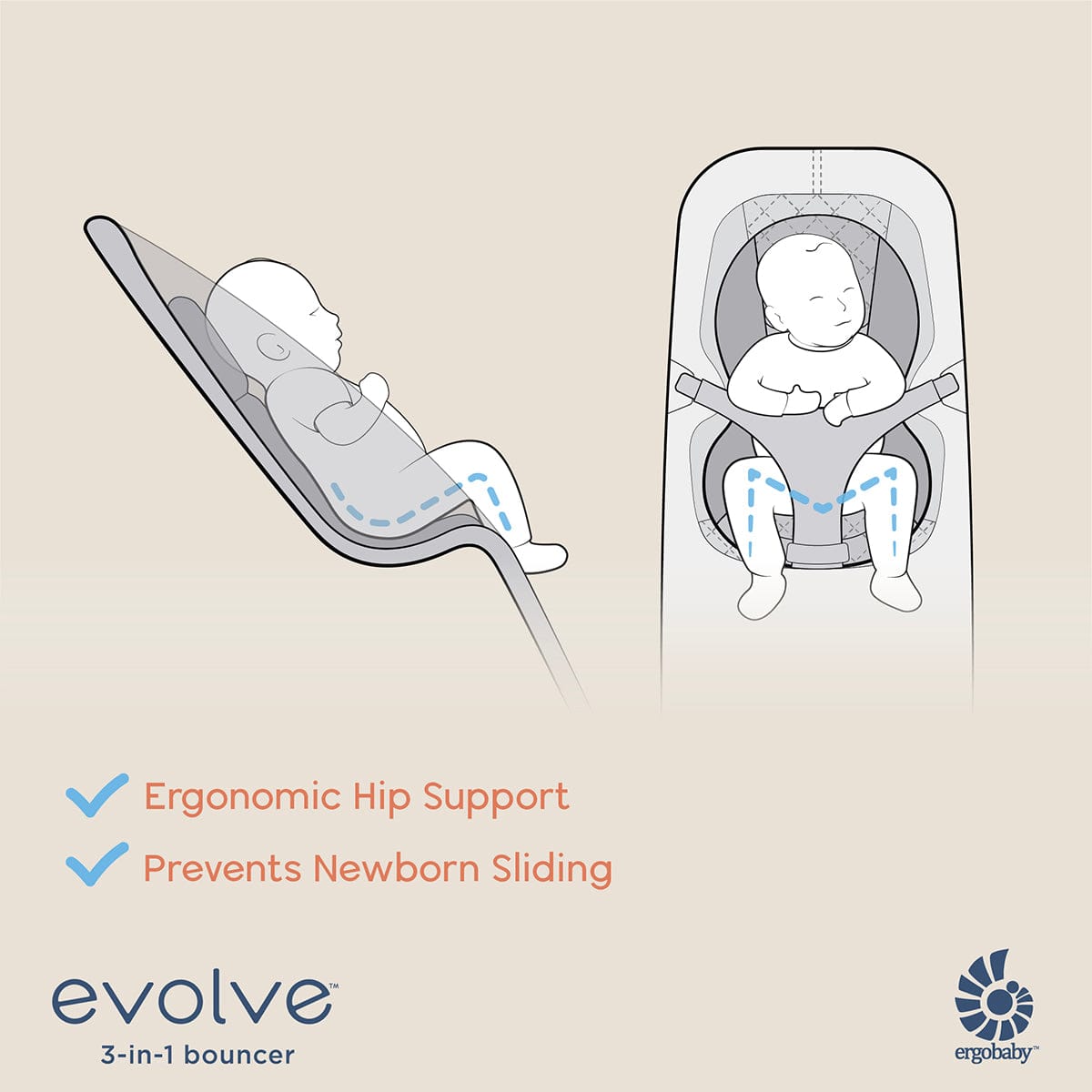 Ergobaby 3-in-1 Evolve Bouncer + Toy Bar Bundle - Midnight Blue - EVLBNCMIDBLUNA-EVLBNCTBOCNWND