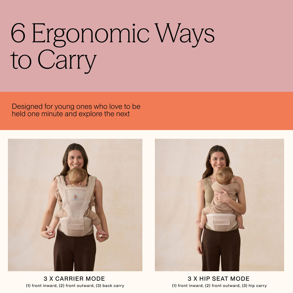 Ergobaby carrier showing 3 carrier modes and 3 hip seat modes for ergonomic baby carrying