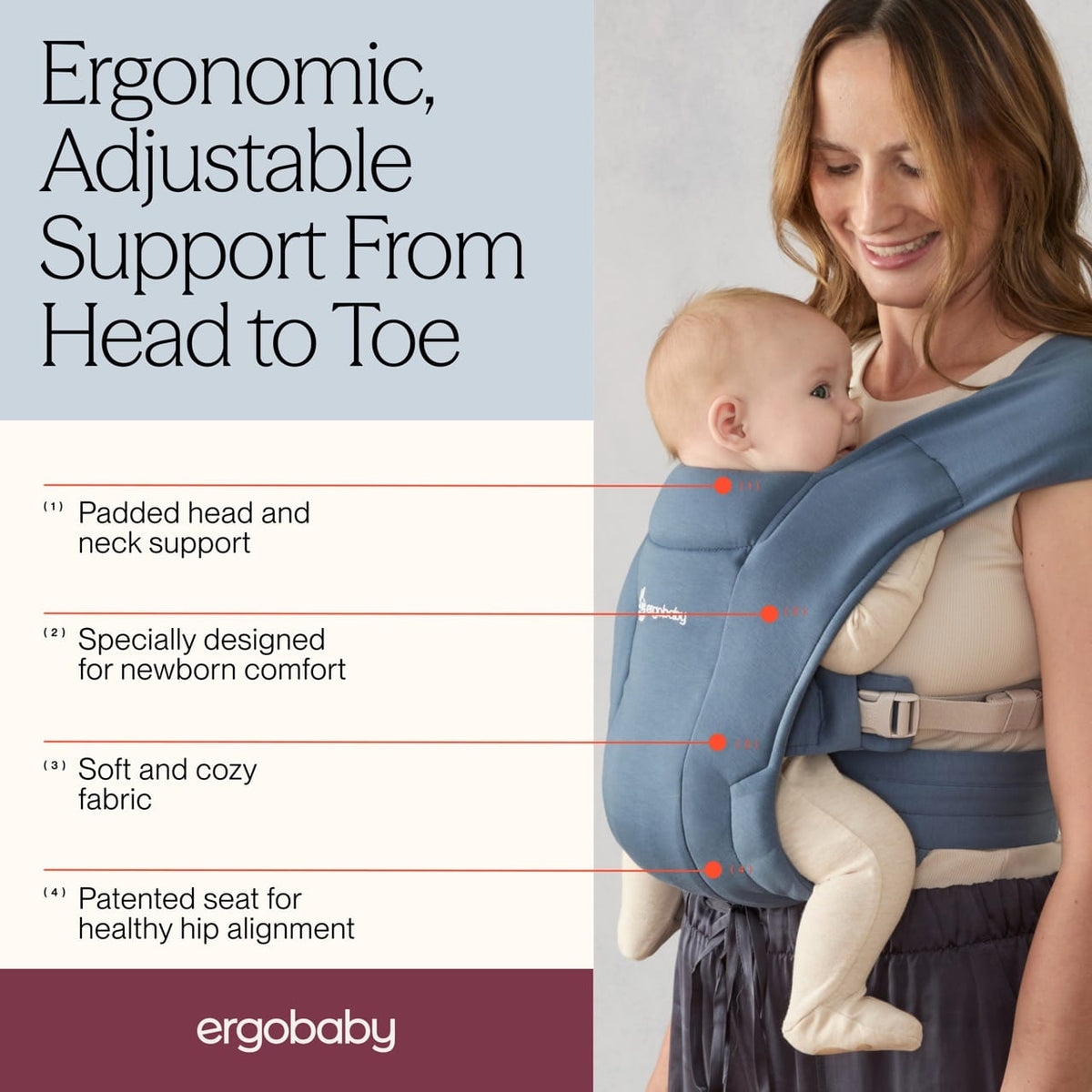 Ergobaby carrier features including padded head support newborn comfort soft fabric and healthy hip alignment seat