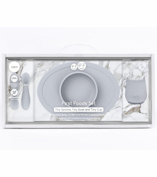 EZPZ Infant Bundle - First Foods Set + Oral Development Tools - Pewter - PKFFP003-PCDTP003