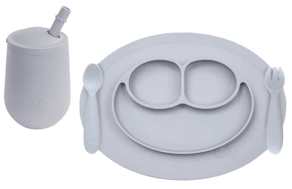 EZPZ Toddler Bundle - Mini Feeding Set + Mini Cup and Straw Training System - Pewter - PKMFP003-PCSTP003