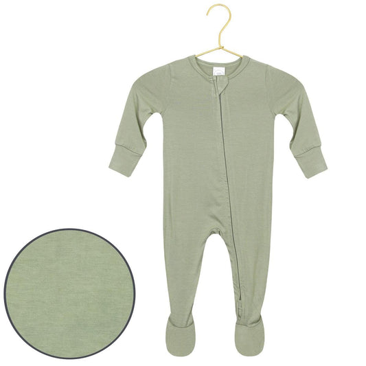 Sage green long sleeve footed baby sleeper with front zipper closure