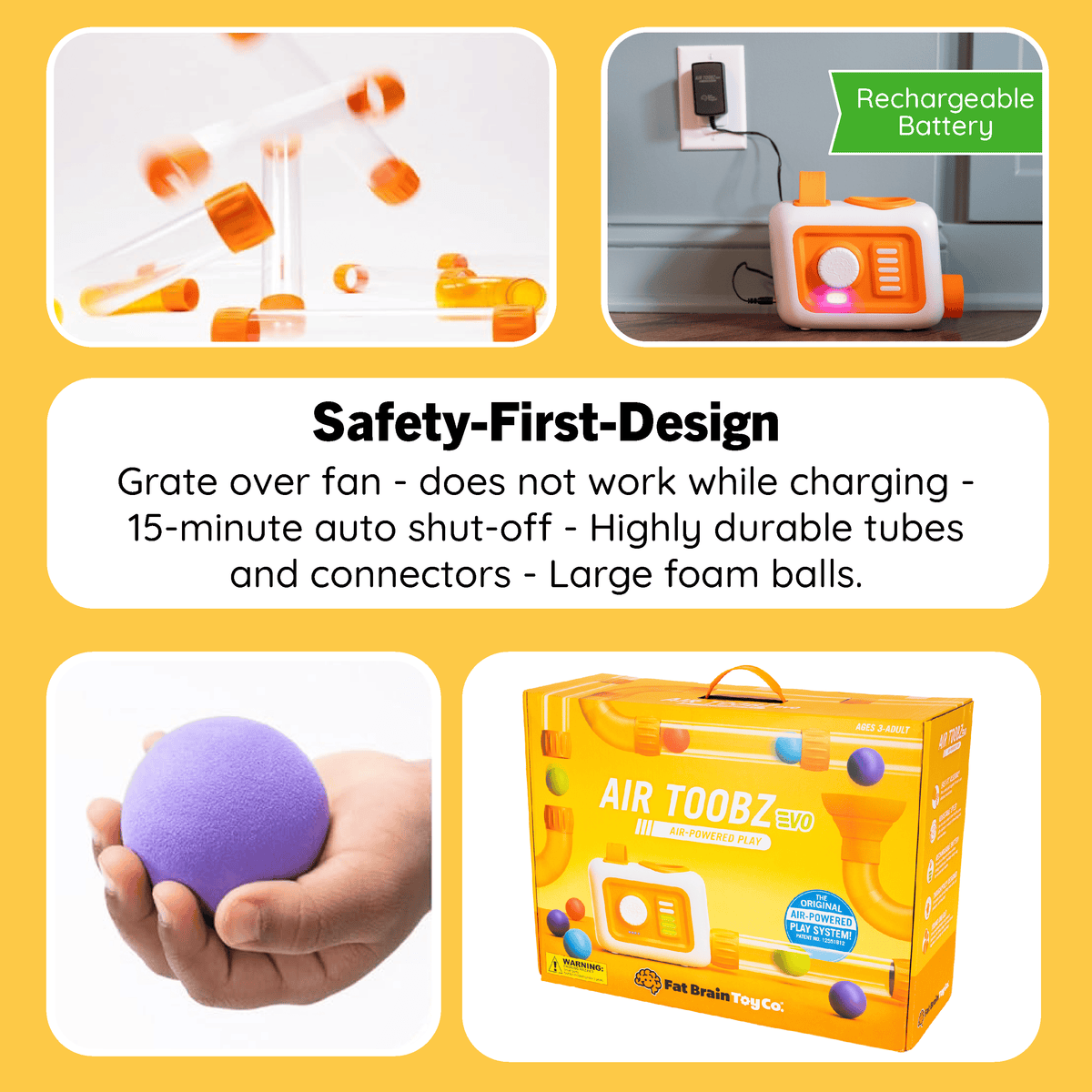 Fat Brain Toys Air Toobz Evo features, including rechargeable battery, safety design, foam ball, and product packaging