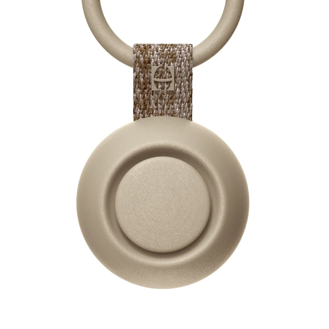 Beige circular portable speaker with a fabric strap and hanging ring