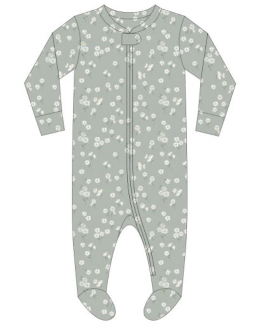 Quincy Mae Zip Long Sleeve Sleeper Footie Green Daisy - Sage, Newborn