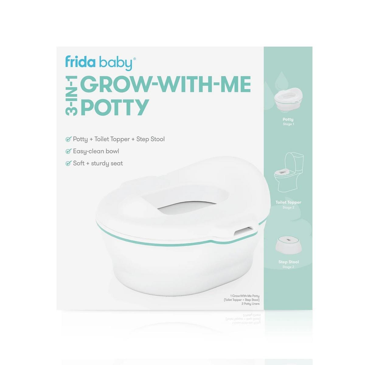 Frida Baby 3-in-1 Grow-With-Me Potty packaging showing potty, toilet topper, and step stool features