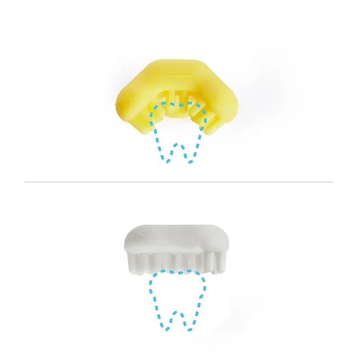 FridaBaby yellow and white silicone finger toothbrushes with blue dotted tooth outlines