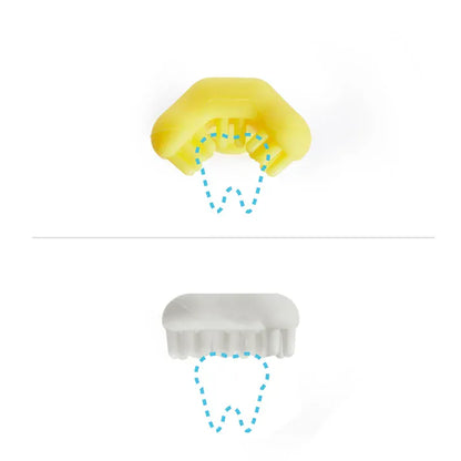 FridaBaby yellow and white silicone finger toothbrushes with blue dotted tooth outlines