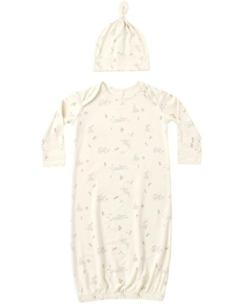Quincy Mae Bamboo Baby Gown + Hat Set Bunnies - Natural